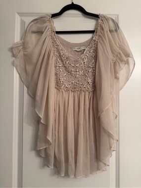 Anthropologie - Katherine Light Beige Crochet Peasant Blouse Size 6